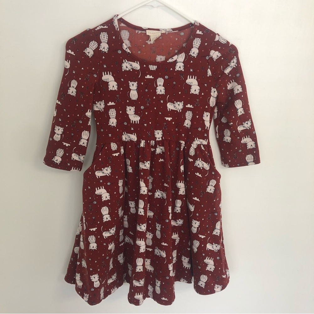 EMMA & ELSA Girl Red Cat Print Round Neck 3/4 Sleeve Ruffled Casual Dress Sz 10